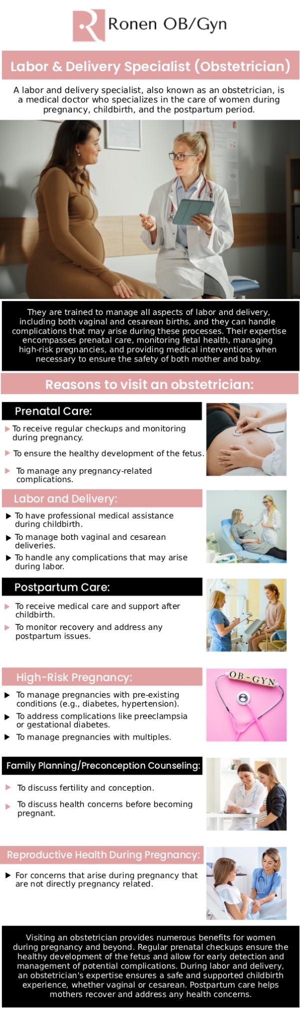Common questions asked by patients: What is obstetrics, and how does it relate to childbirth? When should I schedule my first prenatal visit? What are the signs of labor, and when should I go to the hospital? How can I prepare for childbirth? For more information, contact us or schedule an appointment online. Our clinic is conveniently located at 950 Threadneedle, Suite 282, Houston, TX 77079.