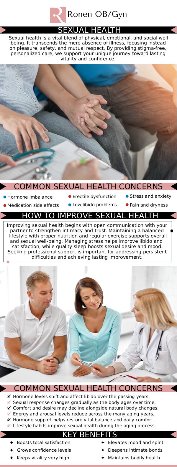 Dr. Pinky Ronen and Dr. Itai Ronen, at Ronen OB/GYN, offer comprehensive women’s sexual health services designed to address a wide range of concerns. We provide personalized care for issues such as sexually transmitted infections (STIs), endometriosis, and polycystic ovary syndrome (PCOS). He also offers counseling and treatment options for sexual wellness and intimacy concerns, ensuring that each patient feels supported in a comfortable, confidential environment. For more information, contact us or schedule an appointment online. Our clinic is conveniently located at 950 Threadneedle, Suite 282, Houston, TX 77079.